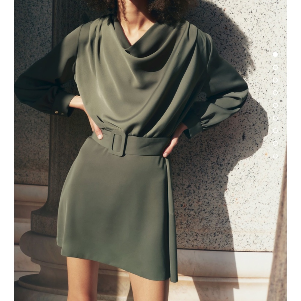 Belted fluid neckline dress